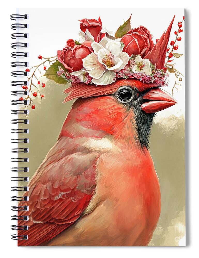 Northern Cardinal Spiral Notebook featuring the painting Wearing Her Red Rose Crown by Tina LeCour