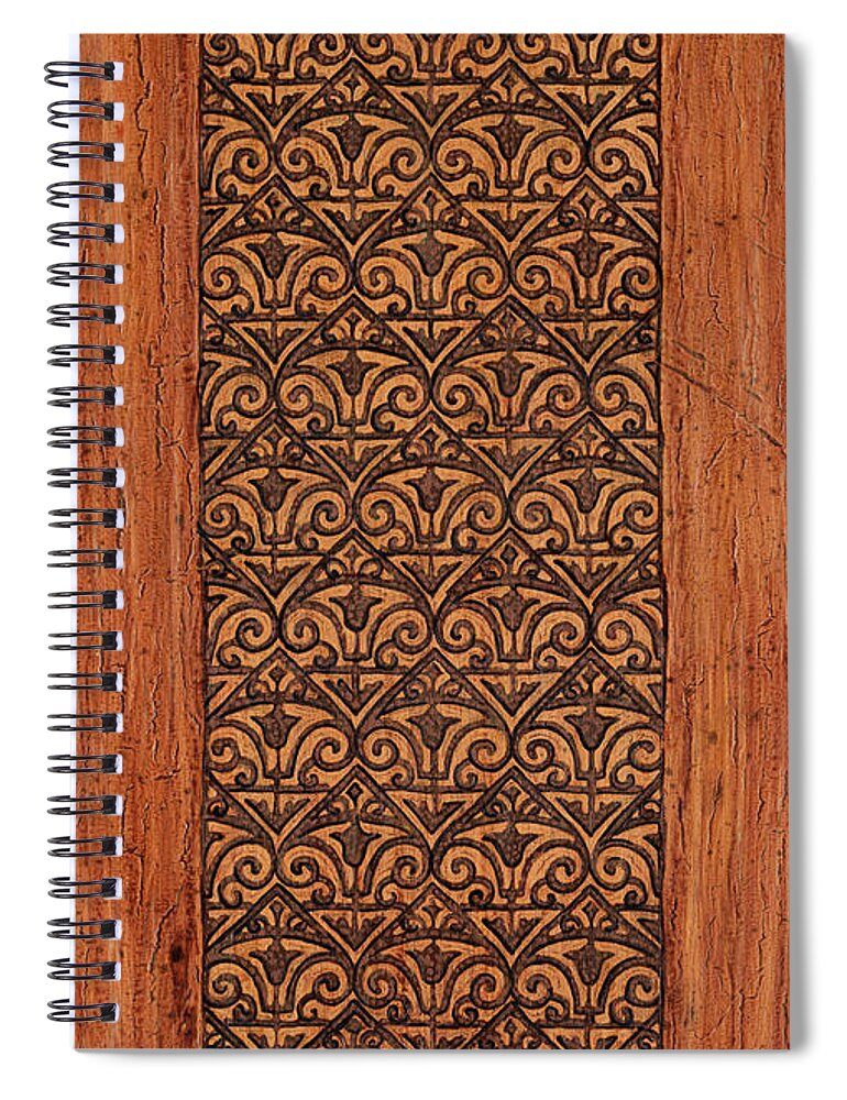 Panel Spiral Notebook featuring the painting Weathered Carved Wooden Panel. Persian Orange by Amy E Fraser