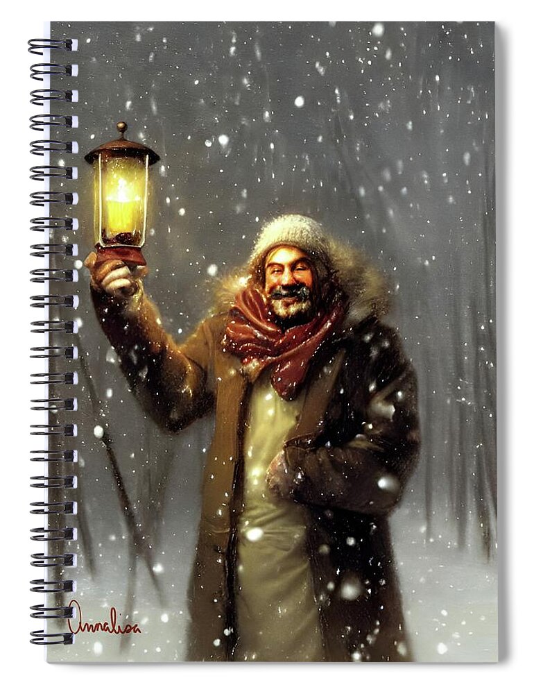 Snowstorm Spiral Notebook featuring the digital art Welcoming Fellow in the Snow by Annalisa Rivera-Franz