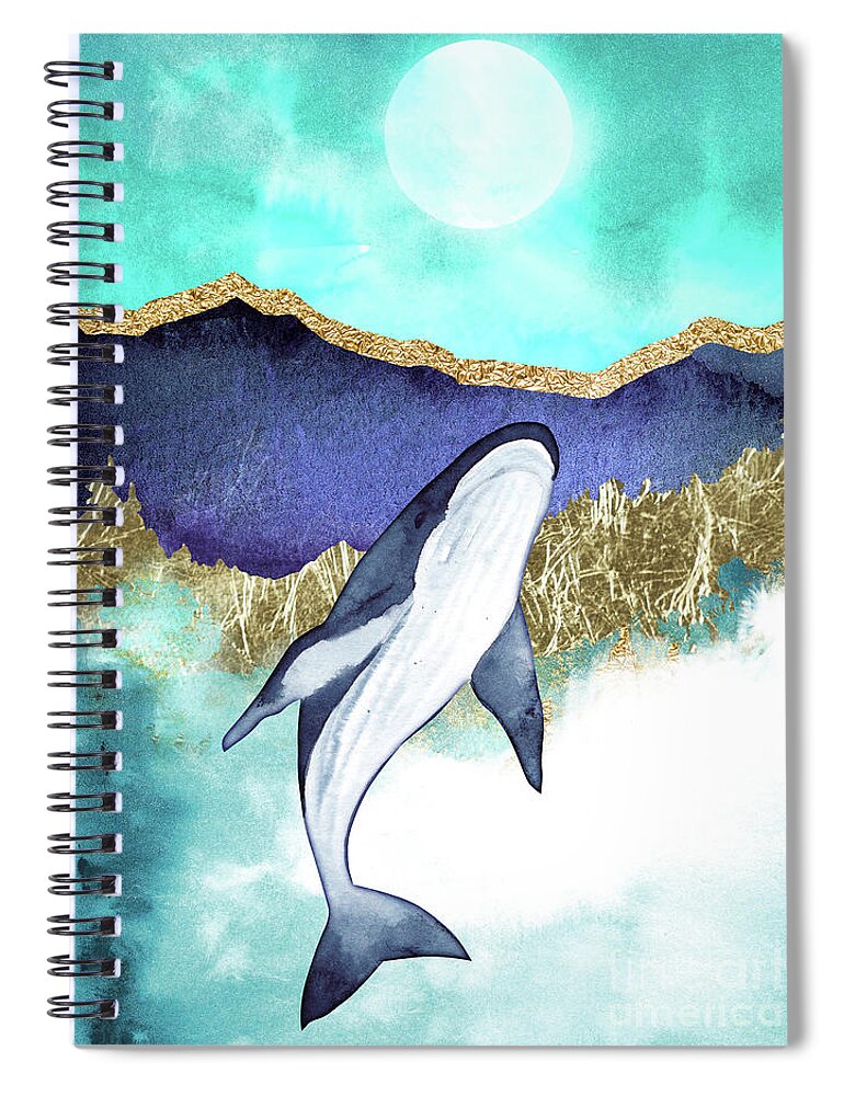 Blue Whale Spiral Notebook featuring the painting Whale And Moon by Garden Of Delights