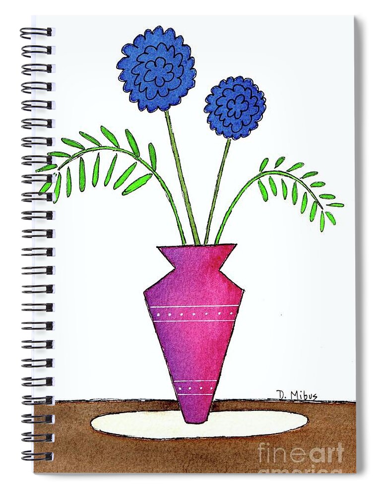Mid Century Modern Flowers Spiral Notebook featuring the painting Whimsical Blue Flowers in Pinkish Purple Vase by Donna Mibus