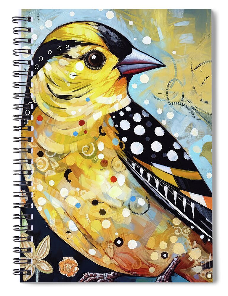 American Goldfinch Bird Spiral Notebook featuring the painting Whimsical Spring Goldfinch by Tina LeCour