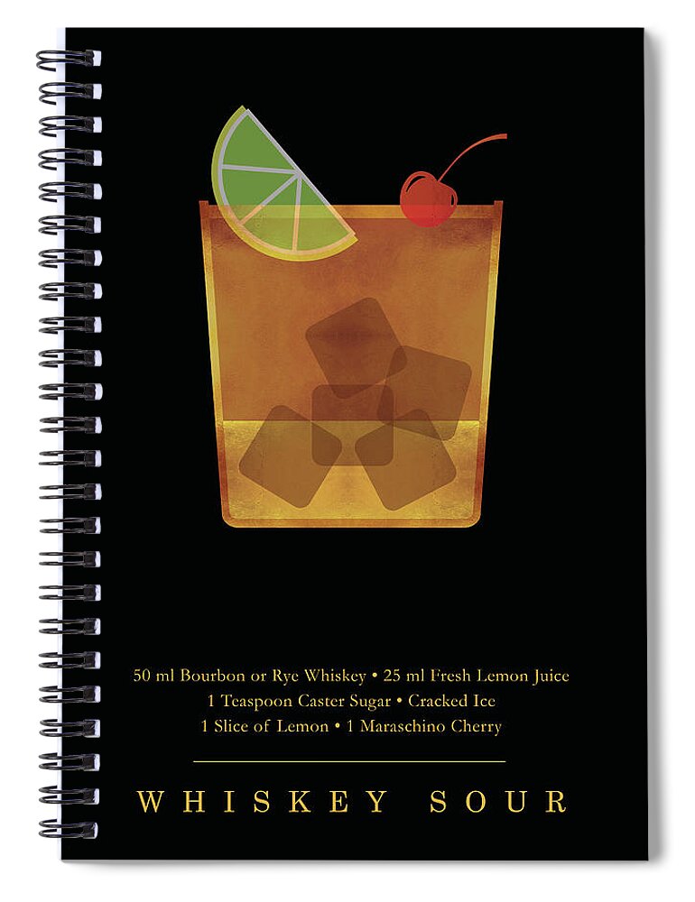 Whiskey Sour Spiral Notebook featuring the digital art Whiskey Sour Cocktail - Classic Cocktail Print - Black and Gold - Modern, Minimal Lounge Art by Studio Grafiikka