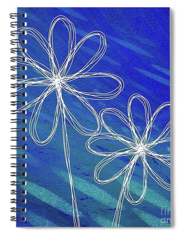 Retro Flowers Spiral Notebook featuring the mixed media White Abstract Flowers on Blue and Green by Donna Mibus