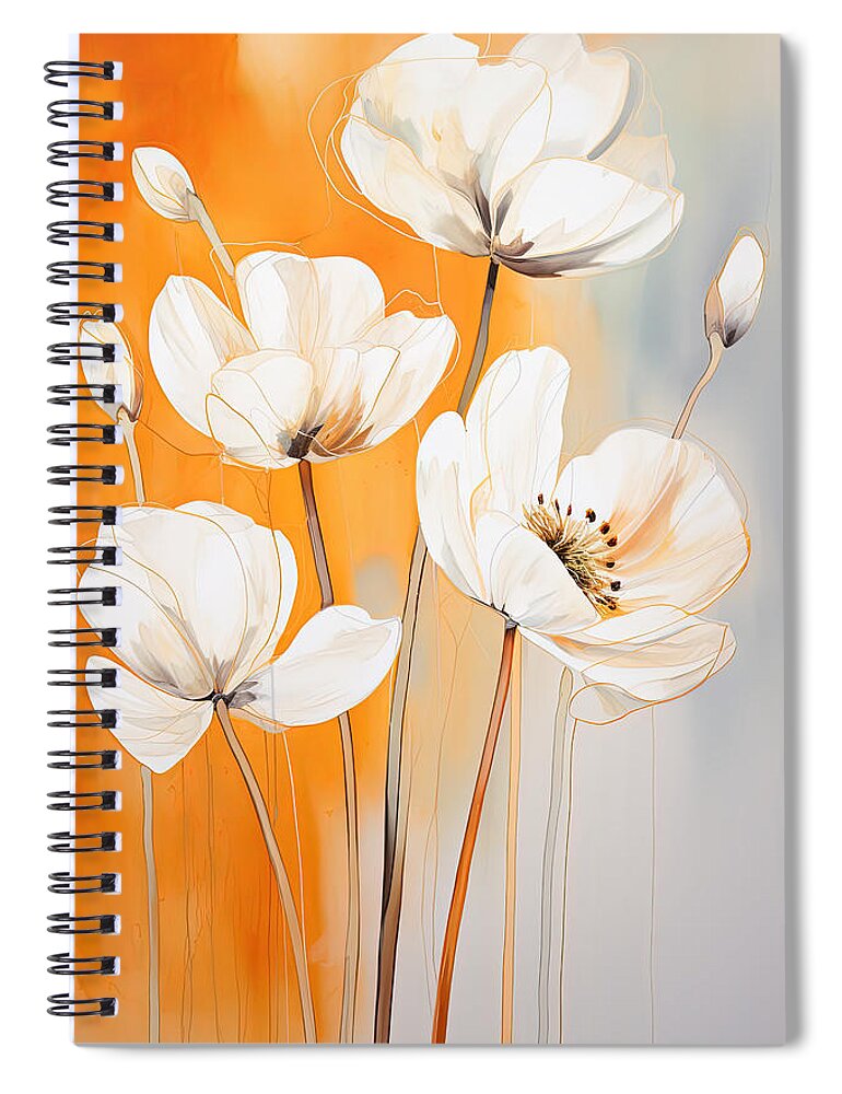 Minimalist White Flowers Spiral Notebook featuring the painting White and Cream Flowers against Burnt Orange by Lourry Legarde