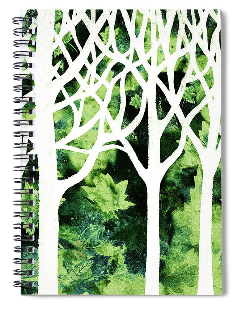 Abstract Forest Spiral Notebook featuring the painting White And Green Enchanted Forest Watercolor Silhouette Trees And Branches by Irina Sztukowski