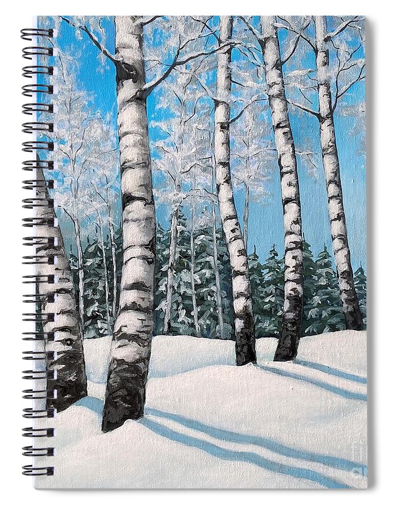 Birch Spiral Notebook featuring the painting White birch, frosty day, 2 by Inese Poga