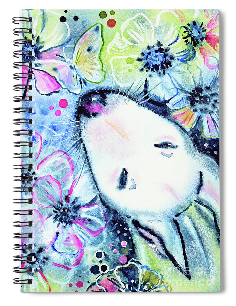 Dog Spiral Notebook featuring the painting White Bull Terrier and Butterfly by Zaira Dzhaubaeva