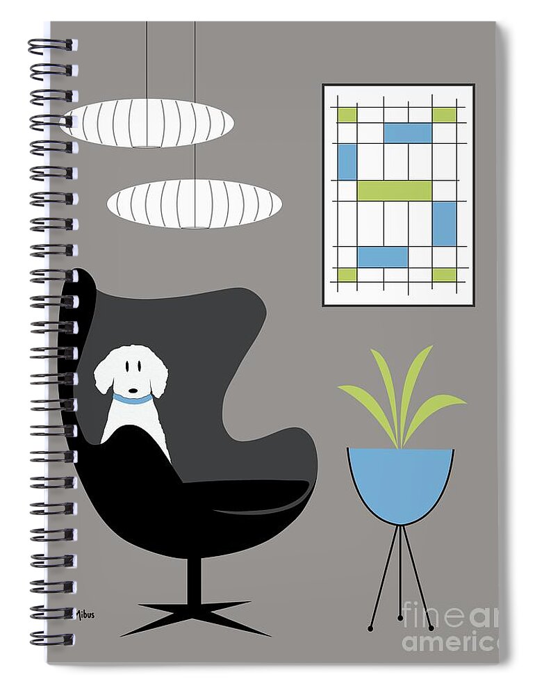 Mid Century Modern Spiral Notebook featuring the digital art White Dog in Black Egg Chair by Donna Mibus