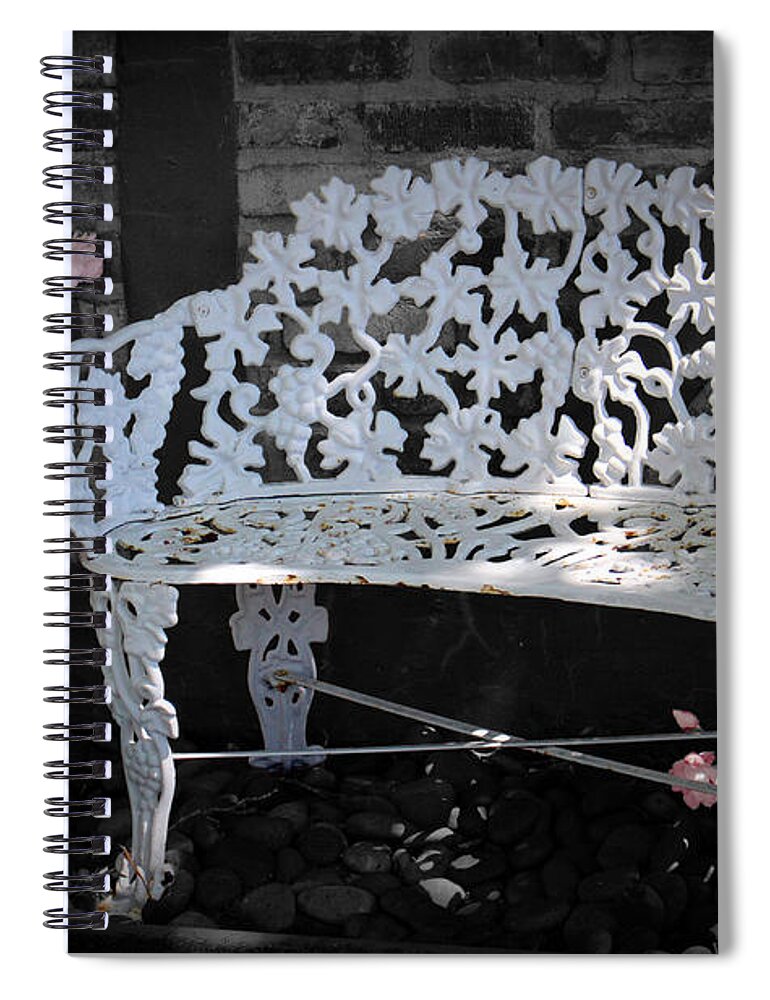 White Garden Bench Spiral Notebook featuring the photograph White Garden Bench Classic Pink Rose Selective Coloring by Colleen Cornelius