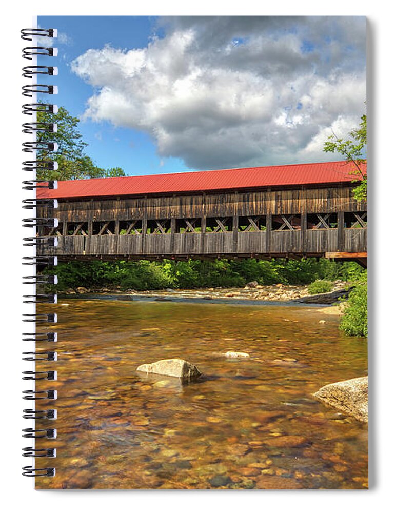 Visit White Mountain National Forest Spiral Notebook featuring the photograph White Mountain National Forest Lower Falls Albnay Covered Bridge by Juergen Roth