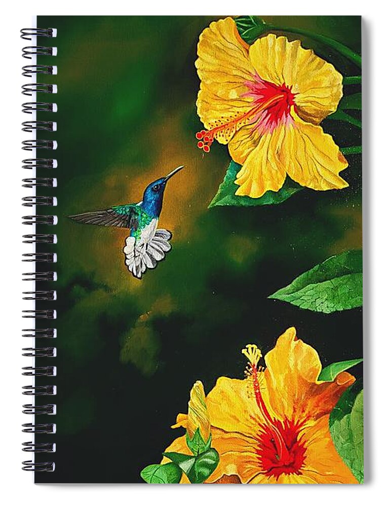 Birds Spiral Notebook featuring the painting White Necked Jacobin and Yellow Hibiscus by Dana Newman
