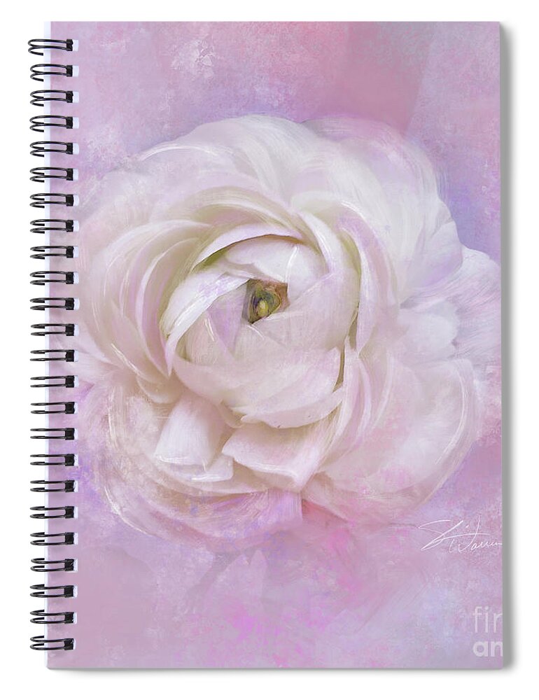 Ranunculus Spiral Notebook featuring the mixed media White Ranunculus Dreams by Shari Warren