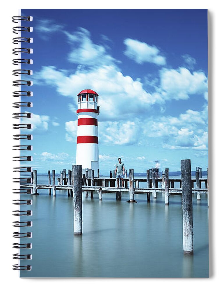 Destinations Spiral Notebook featuring the photograph White-red lighthouse in Podersdorf am See by Vaclav Sonnek