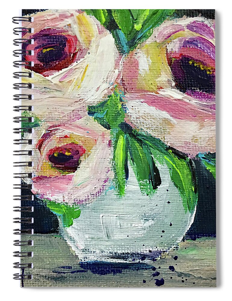 Roses Spiral Notebook featuring the painting White Roses in a White Vase by Roxy Rich