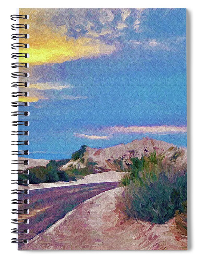 White Sands Spiral Notebook featuring the mixed media White Sands New Mexico at Dusk Painting by Tatiana Travelways