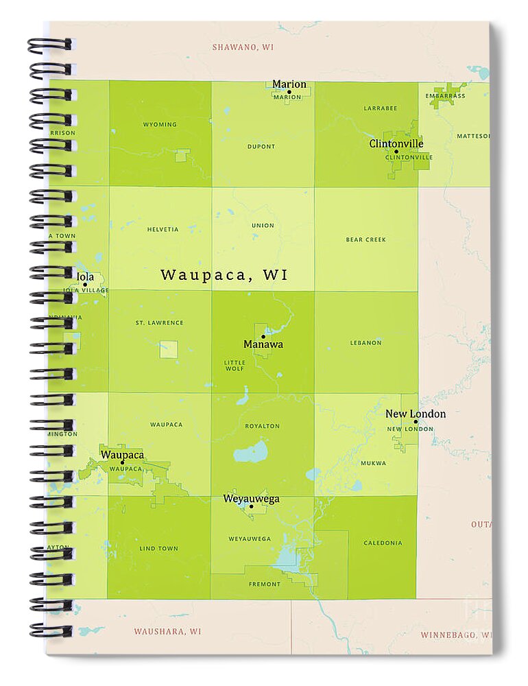  Spiral Notebook featuring the digital art WI Waupaca County Vector Map Green by Frank Ramspott