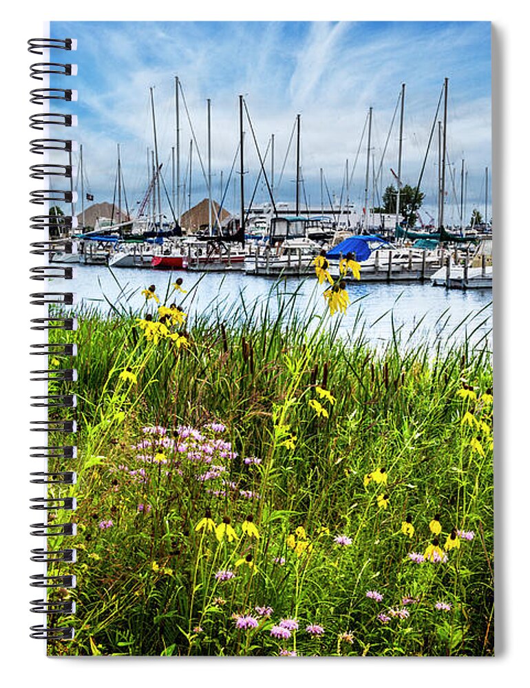 Boats Spiral Notebook featuring the photograph Wildflowers at the Harbor by Debra and Dave Vanderlaan
