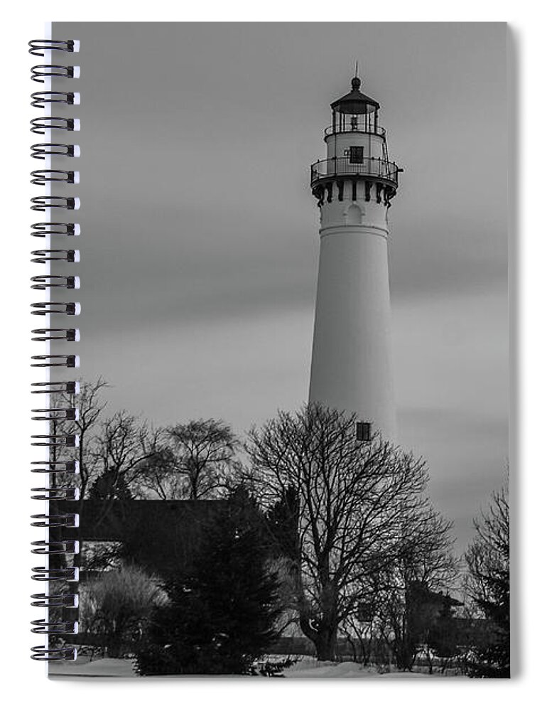 Architecture Spiral Notebook featuring the photograph Wind Point Light - Winter black and white by Deb Beausoleil