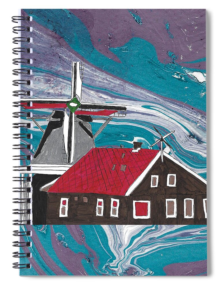 Amsterdam Spiral Notebook featuring the mixed media Windmill Amsterdam Skyline Blue and Purple Swirls Background by Ali Baucom