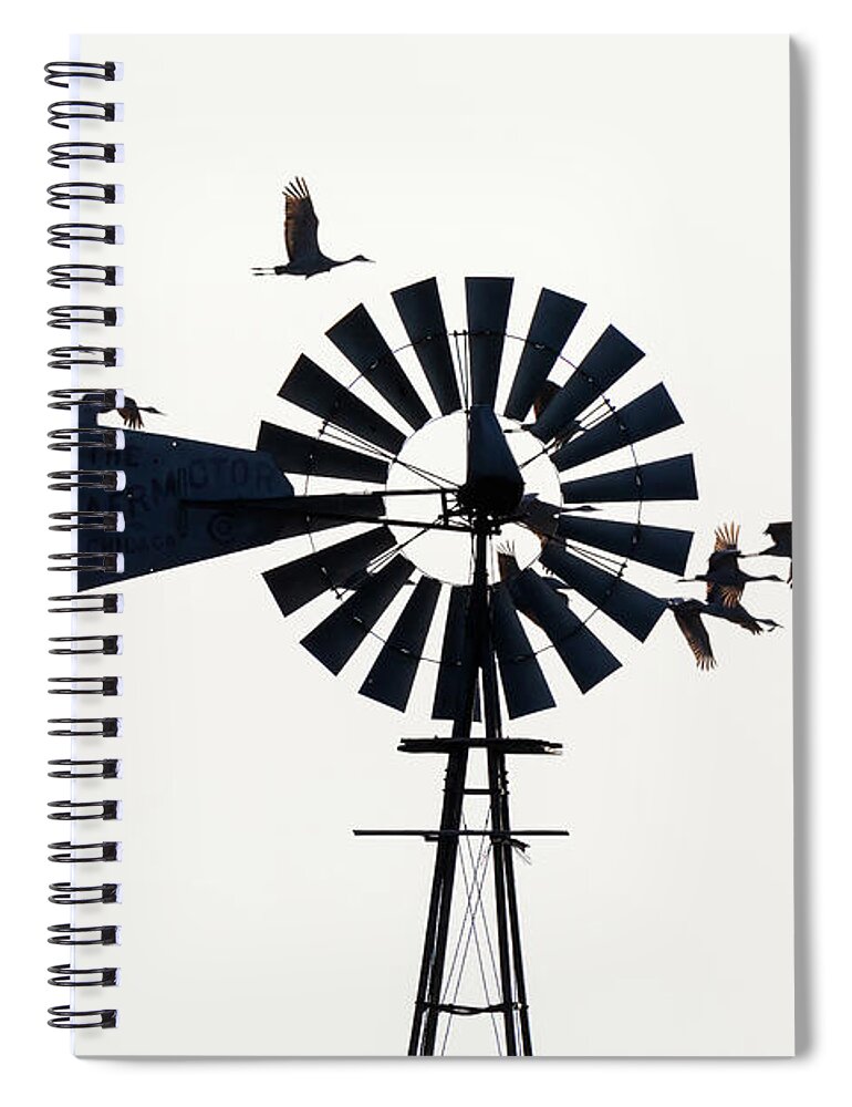 Sandhill Cranes Spiral Notebook featuring the photograph Windmills and Sandhill Cranes by Susan Rissi Tregoning