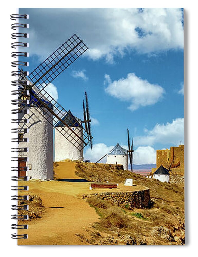 Windmills Spiral Notebook featuring the photograph Windmills at Castillo de Consuegra Spain_GRK2269_020620194001-clouds by Greg Kluempers