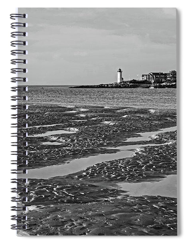 Wingaersheek Spiral Notebook featuring the photograph Wingaersheek Beach Sand Patterns Gloucester MA Annisquam Lighthouse Sand Bar Pools Black and White by Toby McGuire