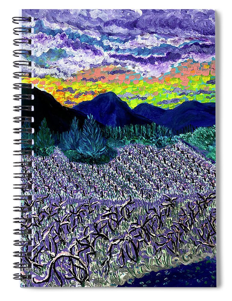 Winter Dawn Spiral Notebook featuring the painting Winter arrives at Betsy's vineyard. Williams, Oregon. by ArtStudio Mateo