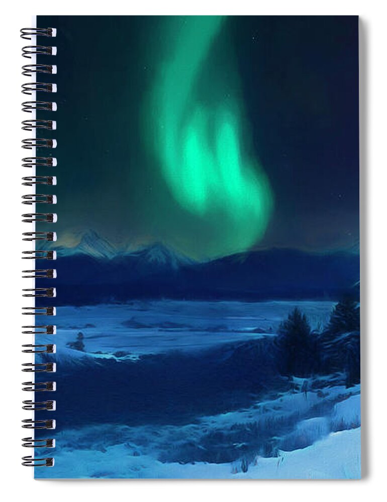 Winter Cabin Mountain Aurora Spiral Notebook featuring the painting Winter Cabin Mountain Aurora by Dan Sproul