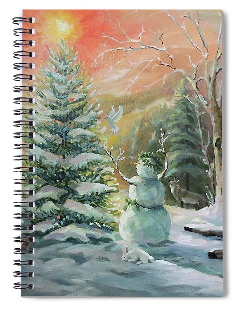 Snowman Spiral Notebook featuring the painting Winter Celebration by Nancy Griswold