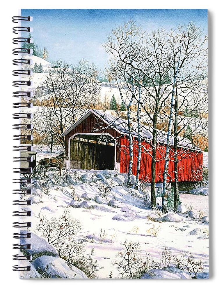 Covered Bridge Spiral Notebook featuring the painting Winter Crossing by Diane Phalen