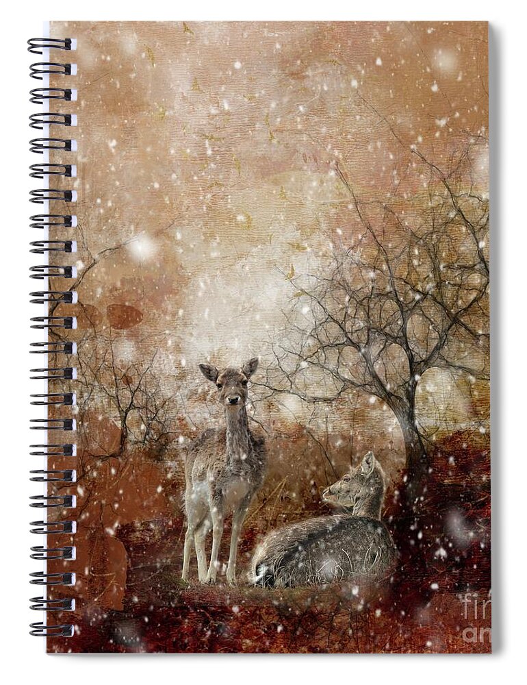 Deers Spiral Notebook featuring the mixed media Winter Forest by Eva Lechner