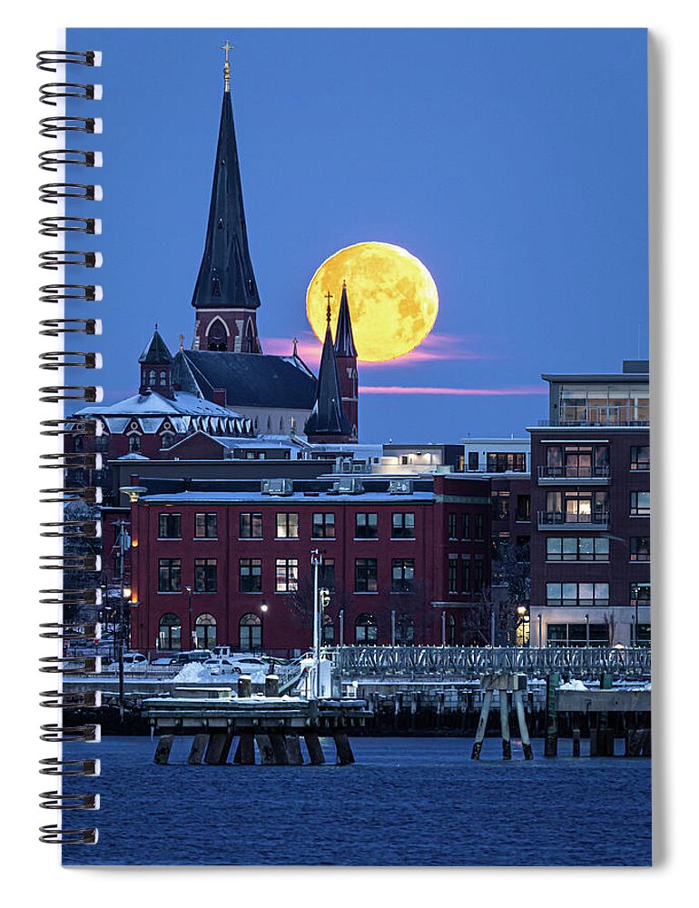 Maine Spiral Notebook featuring the photograph Winter Moon Set over Portland by Colin Chase
