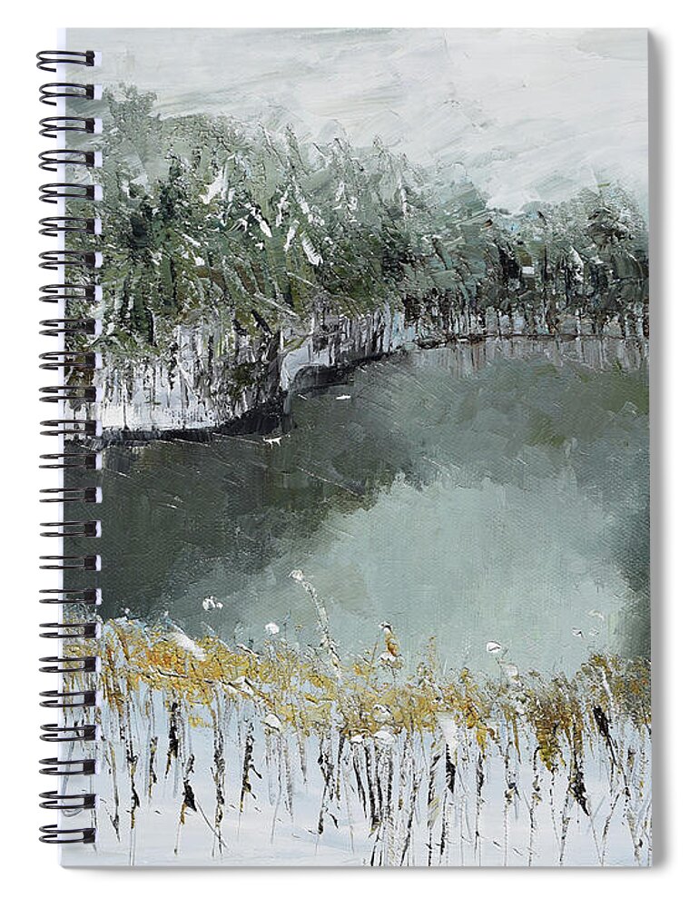 Davenport Lake Spiral Notebook featuring the painting Winter on Lake Davenport- Ellijay by Jan Dappen