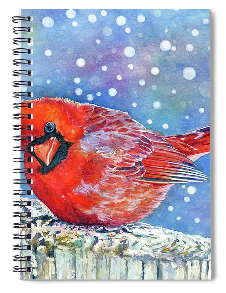 Red Cardinal Spiral Notebook featuring the painting Winter Quietude-pastel colors by Hailey E Herrera