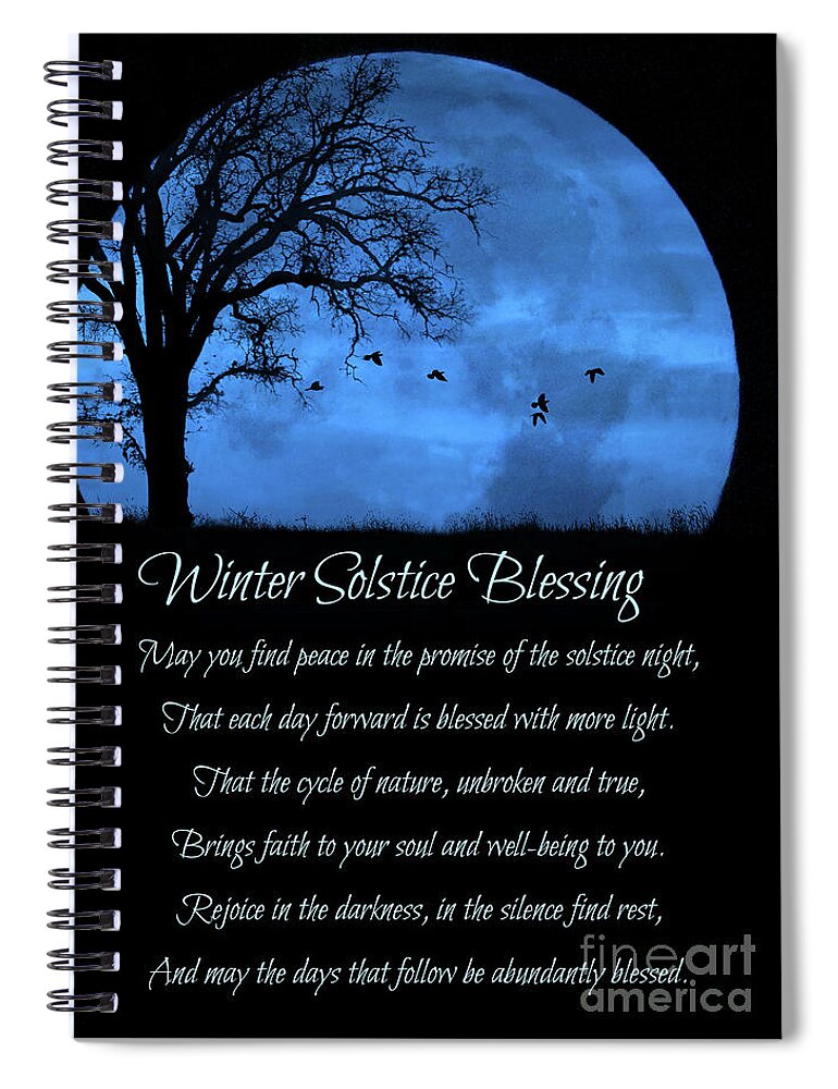 Solstice Spiral Notebook featuring the photograph Winter Solstice Blessings with Poem Tree and Birds Big Full Moon by Stephanie Laird