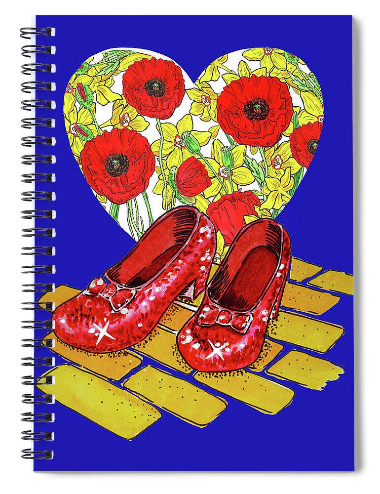 Ruby Slippers Spiral Notebook featuring the painting Wizard Of Oz Ruby Slippers Heart Of Red Poppies Yellow Brick Road On Blue by Irina Sztukowski