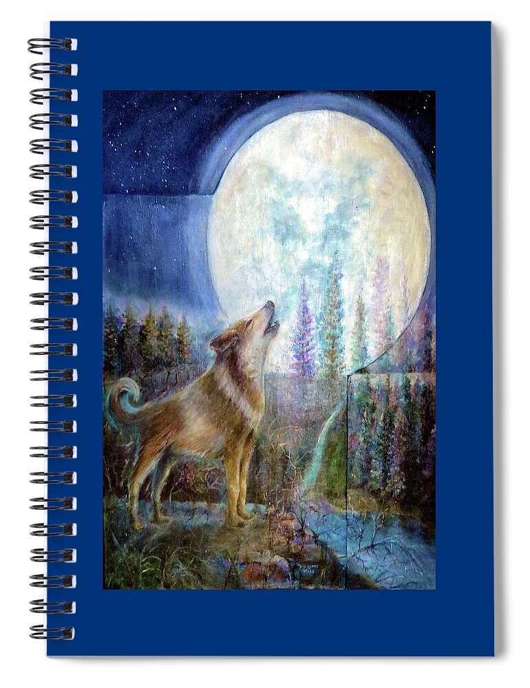 Wolf Spiral Notebook featuring the painting Wolf Howling and Full Moon by Bernadette Krupa
