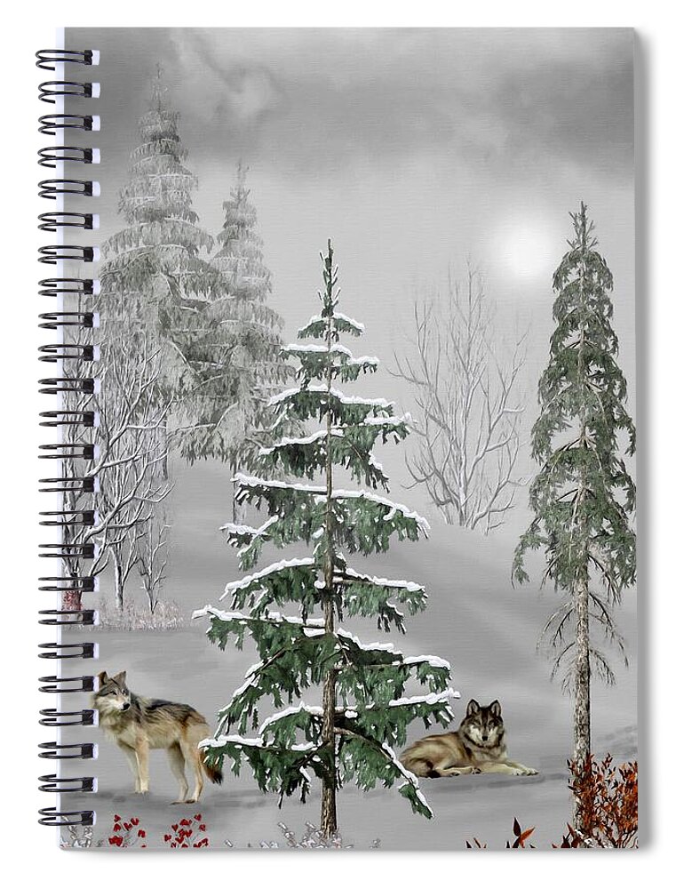 Wolf Spiral Notebook featuring the mixed media Wolves In The Winter Forest Color by David Dehner