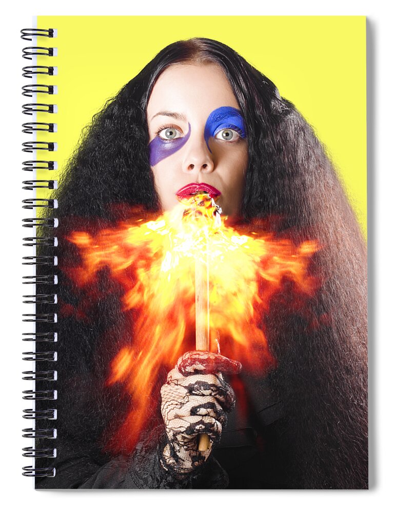 Fire Spiral Notebook featuring the photograph Woman breathing fire from mouth by Jorgo Photography
