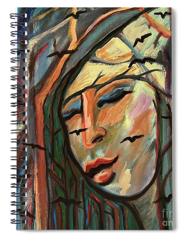 Katt Yanda Spiral Notebook featuring the painting Woman in Woods with Birds by Katt Yanda