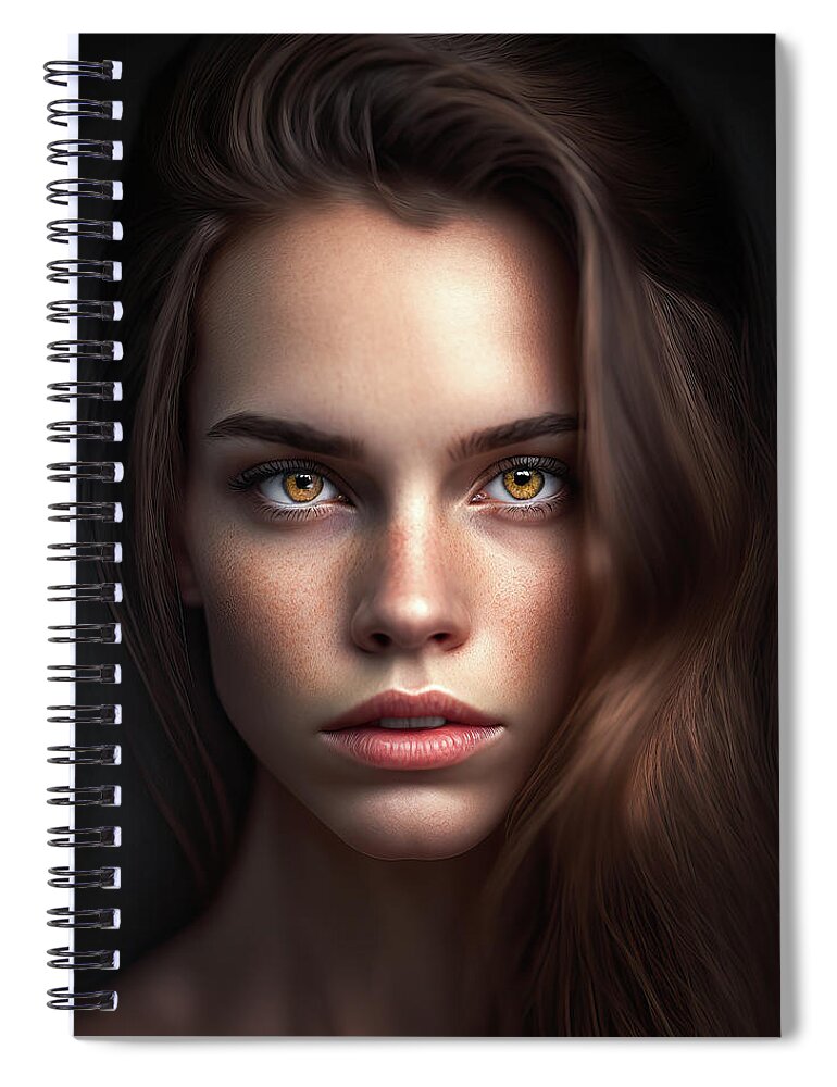 Woman Spiral Notebook featuring the digital art Woman Portrait 21 Brown Hair Hazel Eyes by Matthias Hauser