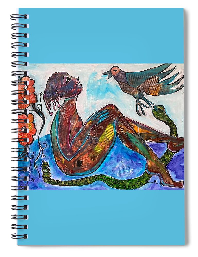  Spiral Notebook featuring the painting Woman Snake and Bird by Lorena Fernandez