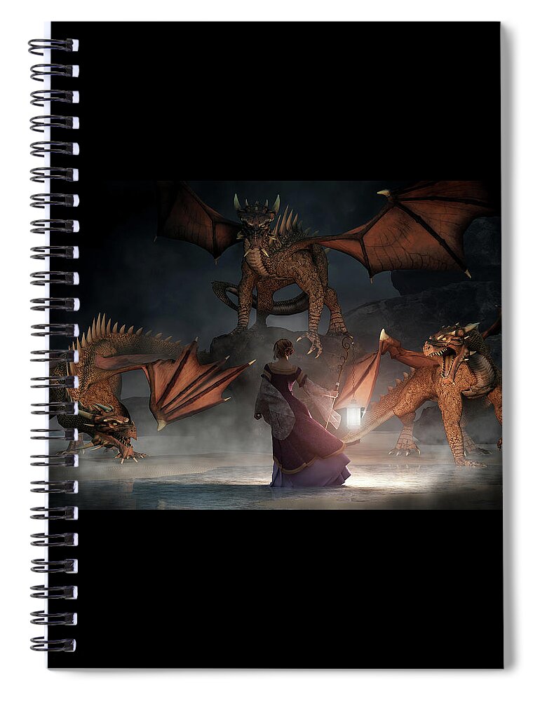 The Light Of Truth Spiral Notebook featuring the digital art Woman with a Lantern Facing Dragons by Daniel Eskridge