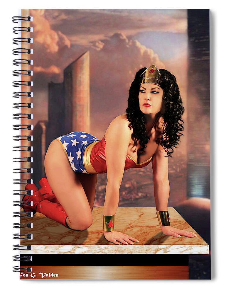 Cosplay Spiral Notebook featuring the photograph Wonder Woman City Guardian by Jon Volden