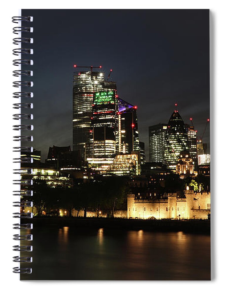 London Spiral Notebook featuring the photograph Night London - street of skyscrapers by Vaclav Sonnek