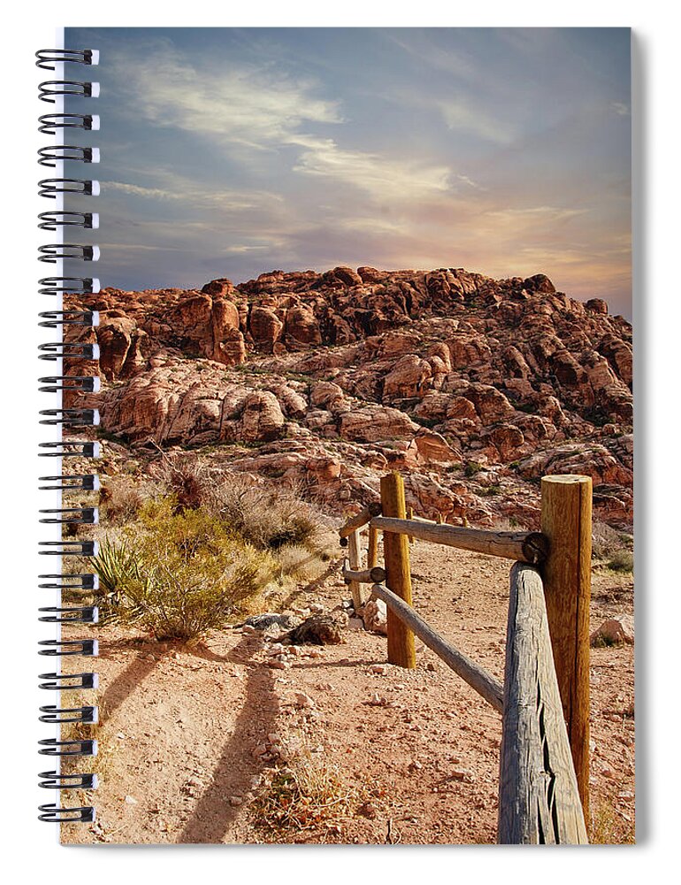 Vegas Spiral Notebook featuring the photograph Wood Rail Fence Into Desert Mountains by Darryl Brooks