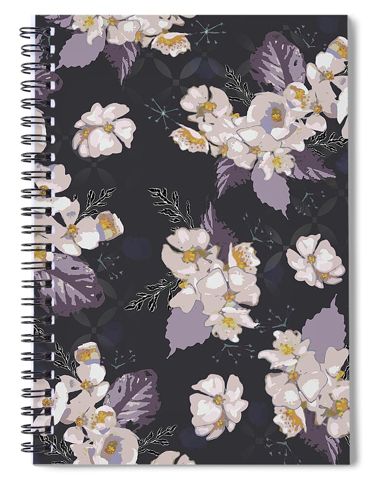 Roses Spiral Notebook featuring the digital art Woodcut Wild Roses Plum Pattern by Sand And Chi