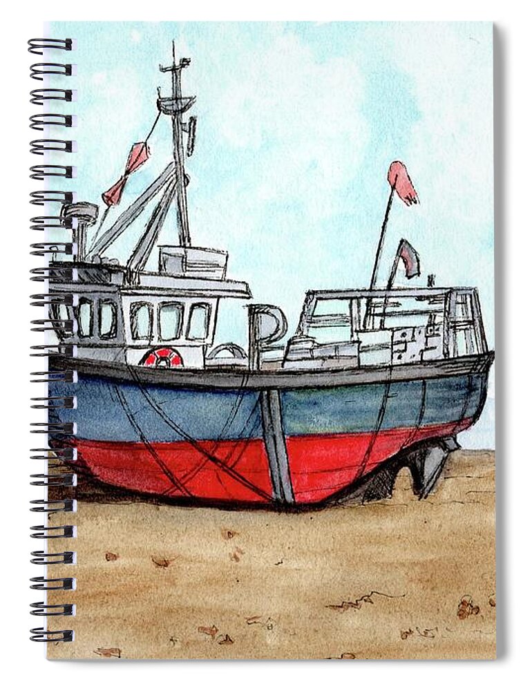 Colorful Wooden Fishing Boat Spiral Notebook featuring the painting Wooden Fishing Boat on the Beach by Donna Mibus