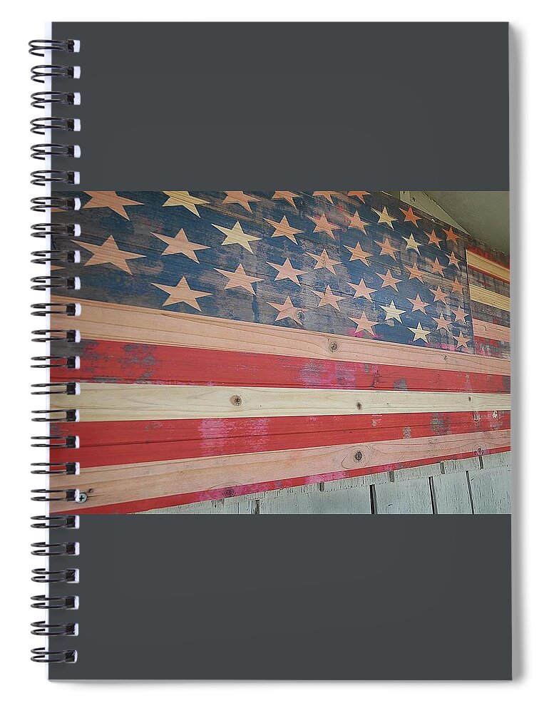 Us Flag Spiral Notebook featuring the pyrography Wooden Flag by John Parulis